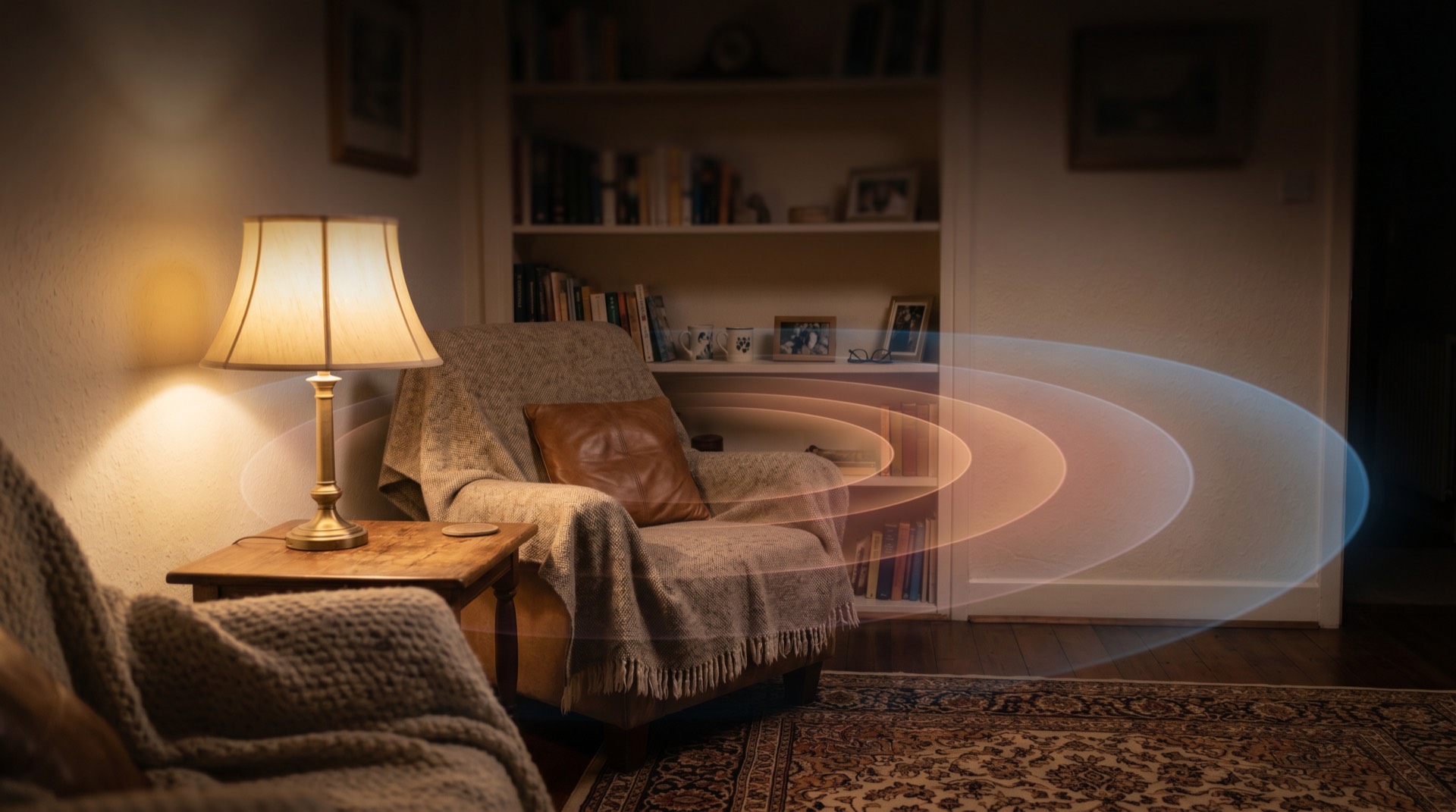 A warm living room at night with soft signal waves radiating through the walls