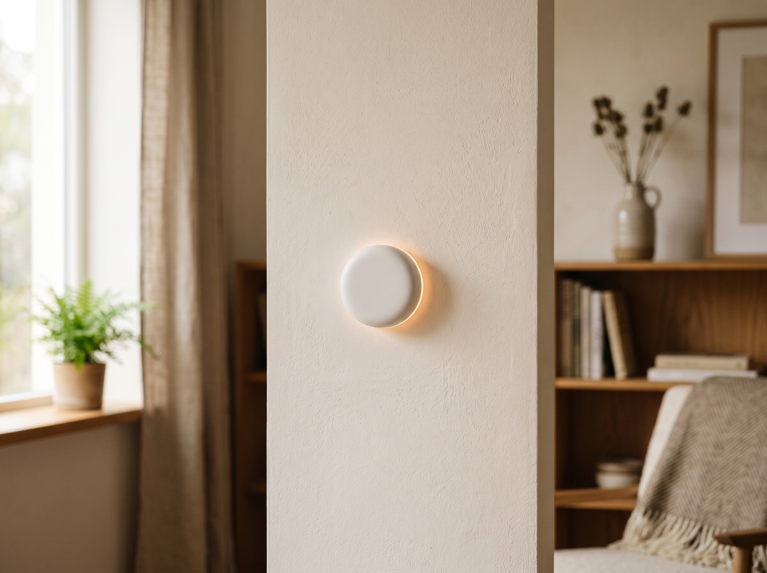 A discreet matte-white AuraCare sensor mounted on a home wall